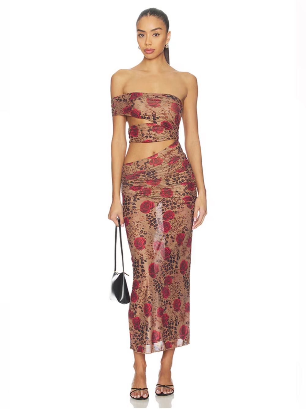 superdown Rose Print Strapless Midi Dress in Tan and Red